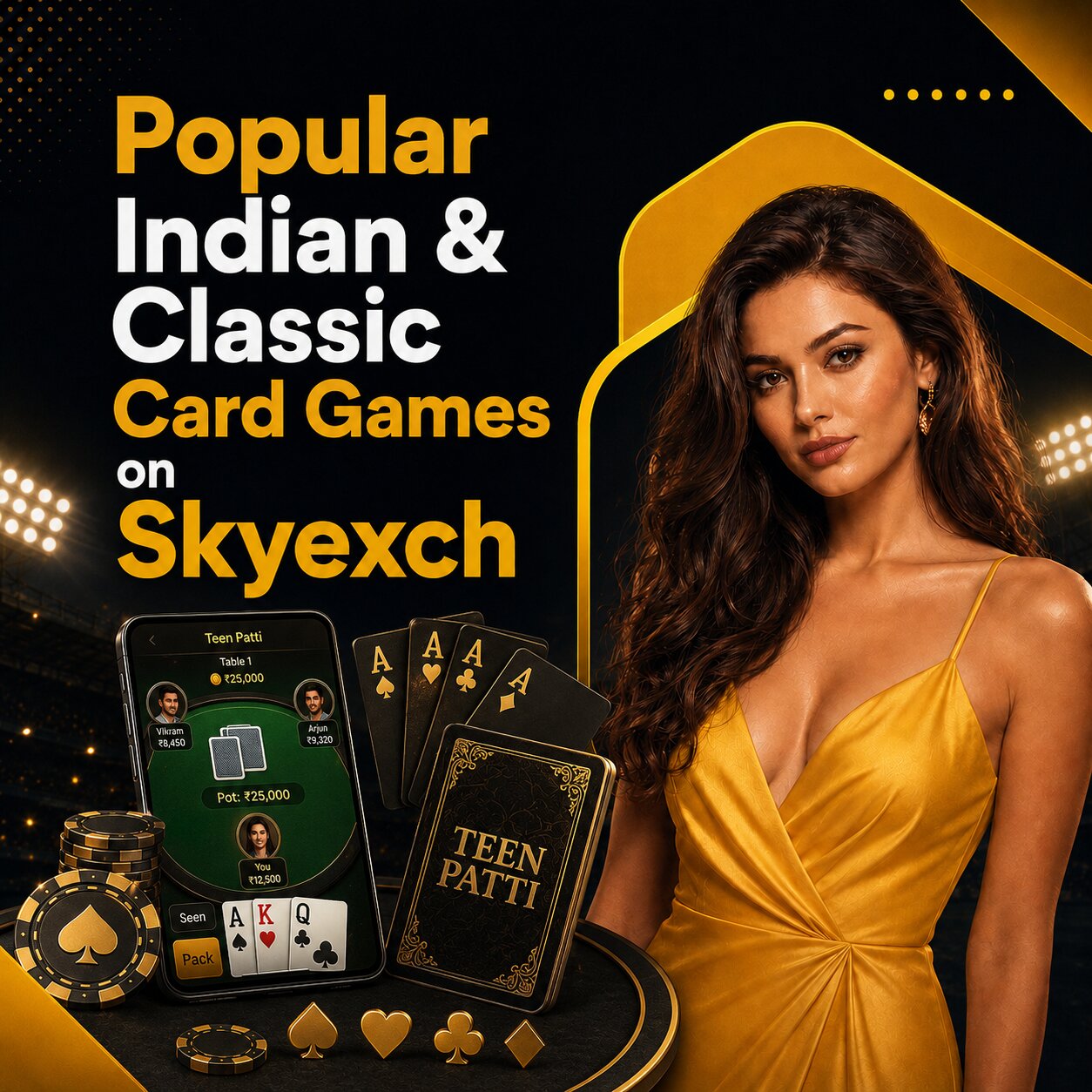 Teen Patti playing cards fanned with gold coins — Indian card games on Skyexch
